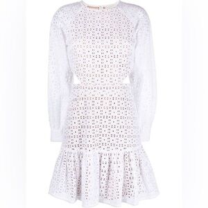 Michael Kors Cut Out GEO Eyelet Embroidered Mini Dress Nude Lined White 12 NWT